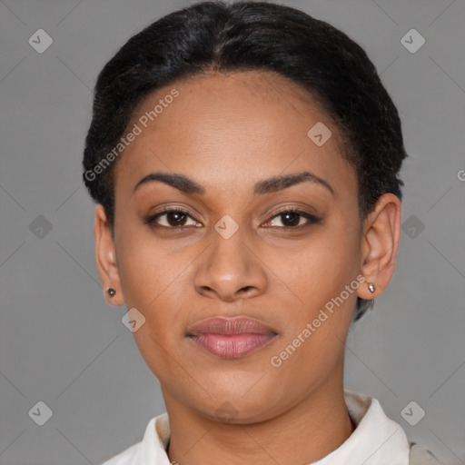 Joyful latino young-adult female with short  black hair and brown eyes