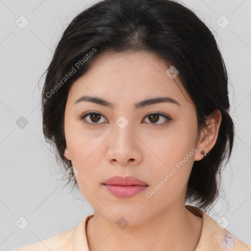 Neutral asian young-adult female with medium  brown hair and brown eyes