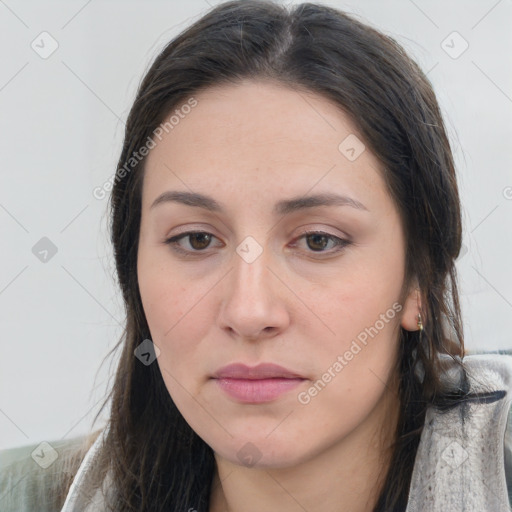 Neutral white young-adult female with long  brown hair and brown eyes