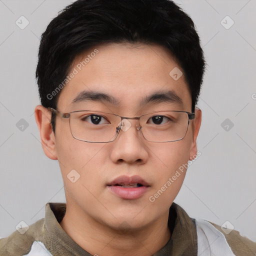 Neutral asian young-adult male with short  brown hair and brown eyes