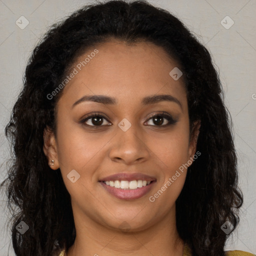 Joyful latino young-adult female with long  brown hair and brown eyes