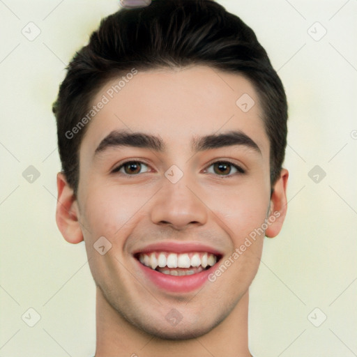 Joyful white young-adult male with short  black hair and brown eyes