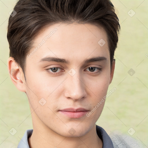 Neutral white young-adult male with short  brown hair and brown eyes