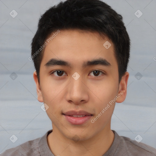 Neutral asian young-adult male with short  brown hair and brown eyes