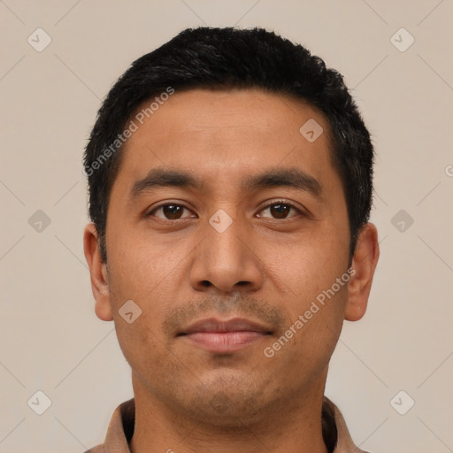 Neutral latino young-adult male with short  black hair and brown eyes