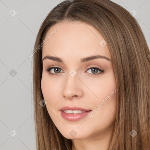 Neutral white young-adult female with long  brown hair and brown eyes