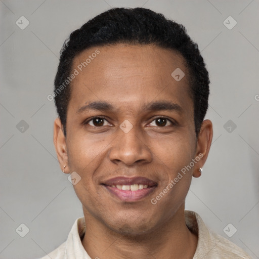 Joyful latino young-adult male with short  brown hair and brown eyes