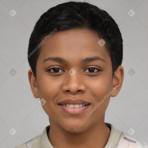 Joyful latino young-adult female with short  black hair and brown eyes