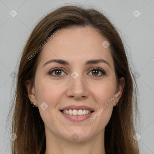 Joyful white young-adult female with long  brown hair and brown eyes