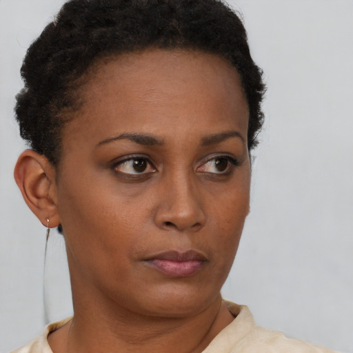 Neutral black young-adult female with short  brown hair and brown eyes