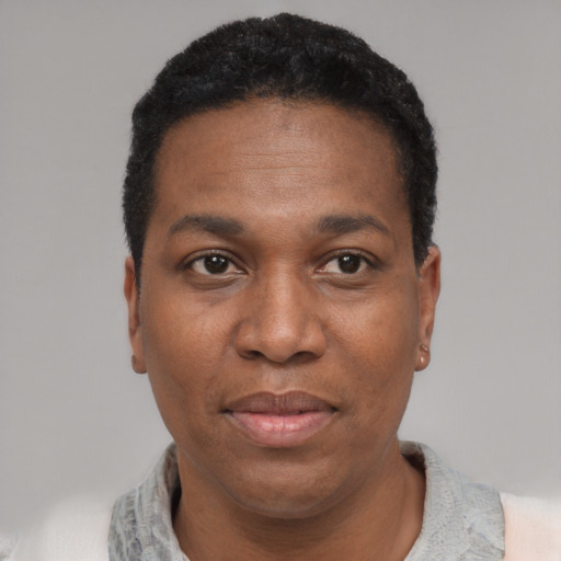 Joyful black adult male with short  black hair and brown eyes