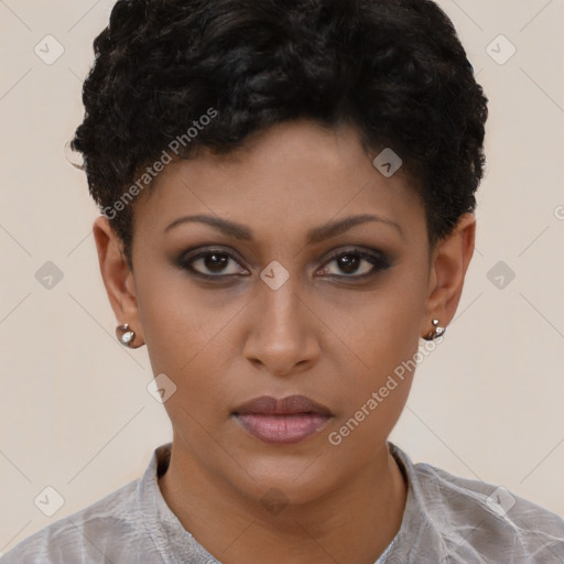 Neutral black young-adult female with short  brown hair and brown eyes