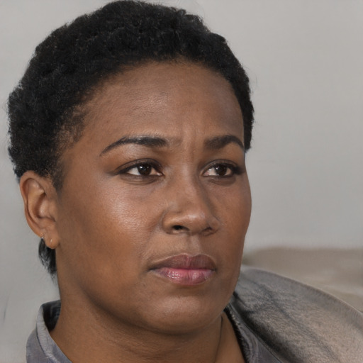 Neutral black adult female with short  brown hair and brown eyes