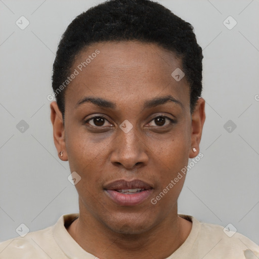 Neutral black young-adult female with short  black hair and brown eyes