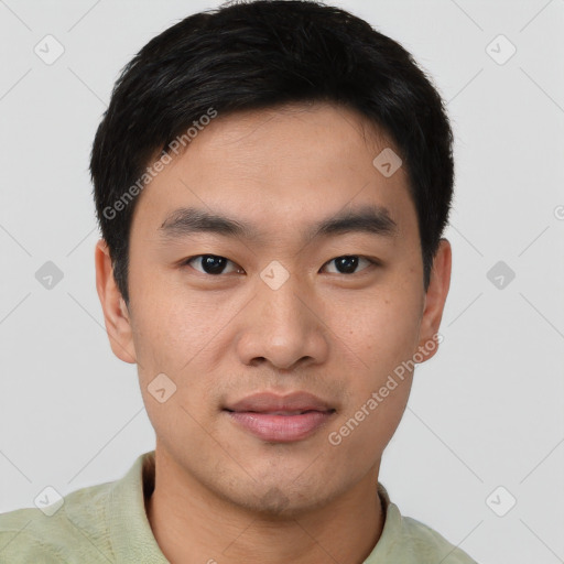 Neutral asian young-adult male with short  black hair and brown eyes