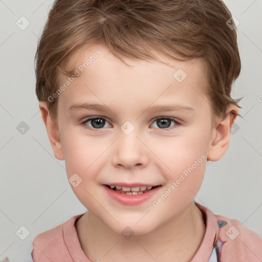 Joyful white child female with short  brown hair and brown eyes