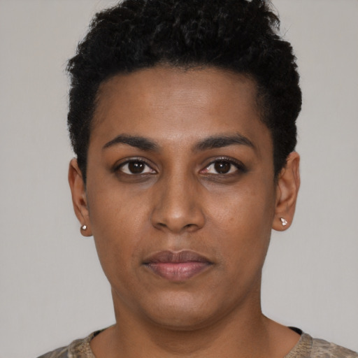 Neutral black young-adult female with short  black hair and brown eyes