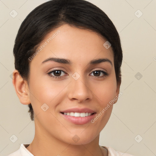 Joyful white young-adult female with short  brown hair and brown eyes