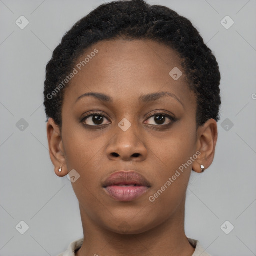 Neutral black young-adult female with short  brown hair and brown eyes