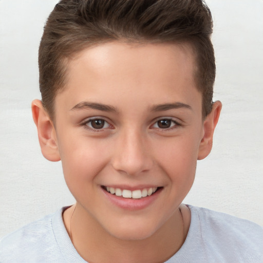 Joyful white child female with short  brown hair and brown eyes