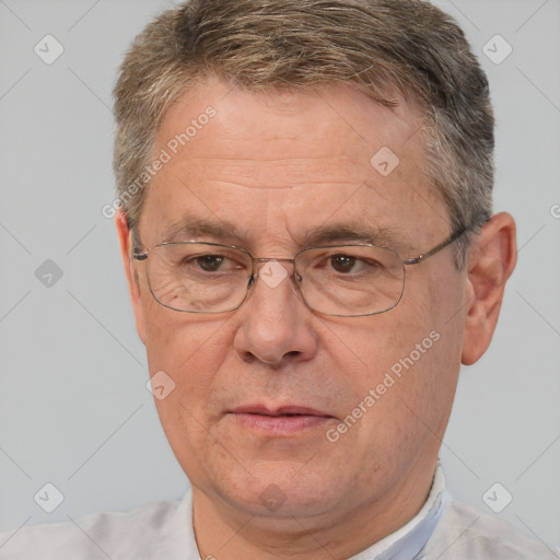 Joyful white middle-aged male with short  brown hair and brown eyes