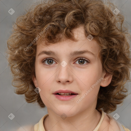 Joyful white child female with medium  brown hair and brown eyes