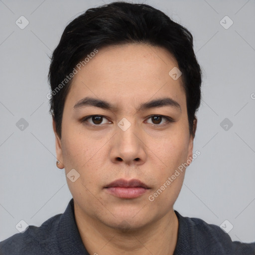 Neutral asian young-adult male with short  black hair and brown eyes