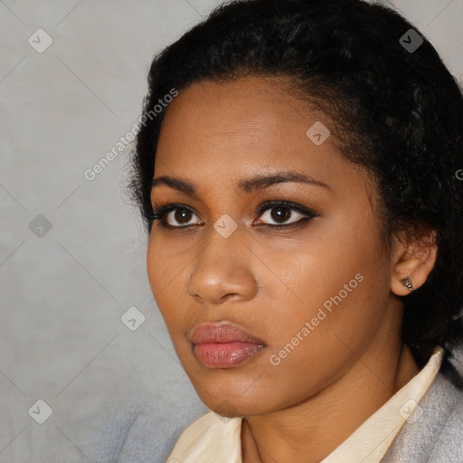Neutral black young-adult female with short  black hair and brown eyes