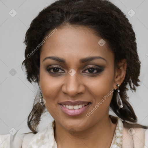 Joyful black young-adult female with medium  brown hair and brown eyes