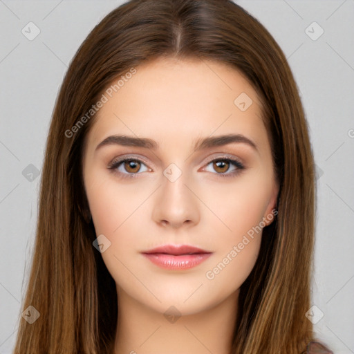 Neutral white young-adult female with long  brown hair and brown eyes