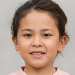 Joyful white child female with medium  brown hair and brown eyes