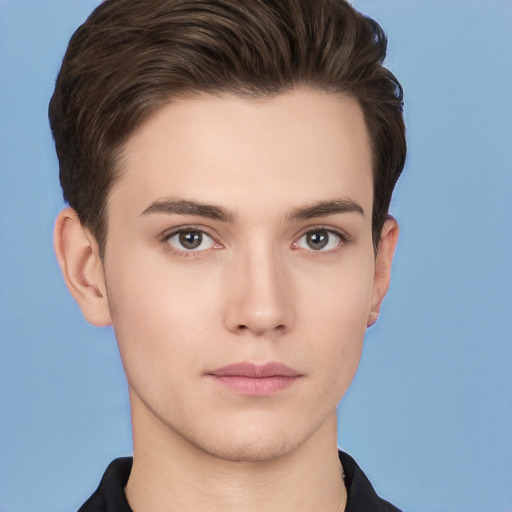 Neutral white young-adult male with short  brown hair and brown eyes