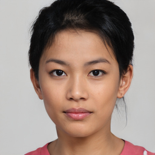 Neutral asian young-adult female with short  black hair and brown eyes