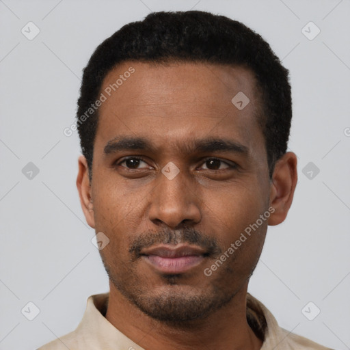 Neutral black young-adult male with short  black hair and brown eyes