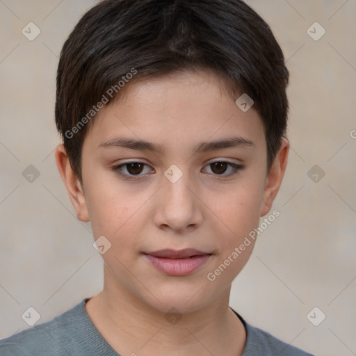 Joyful white child female with short  brown hair and brown eyes