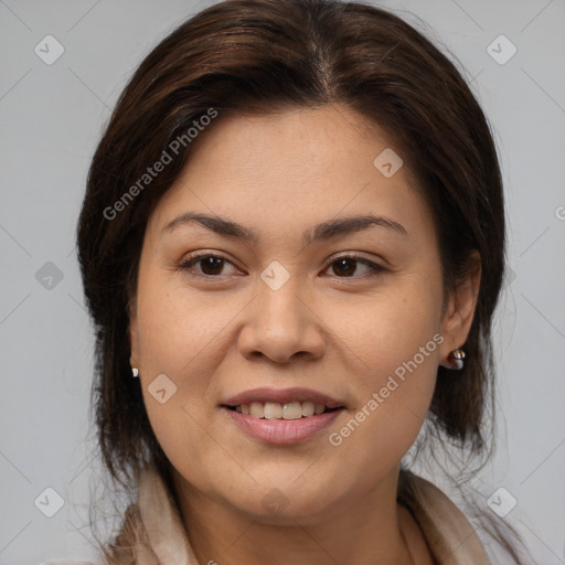 Joyful white young-adult female with medium  brown hair and brown eyes