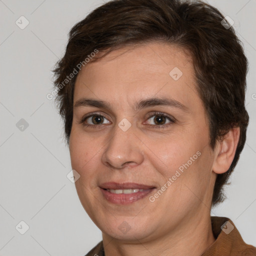 Joyful white adult female with short  brown hair and brown eyes