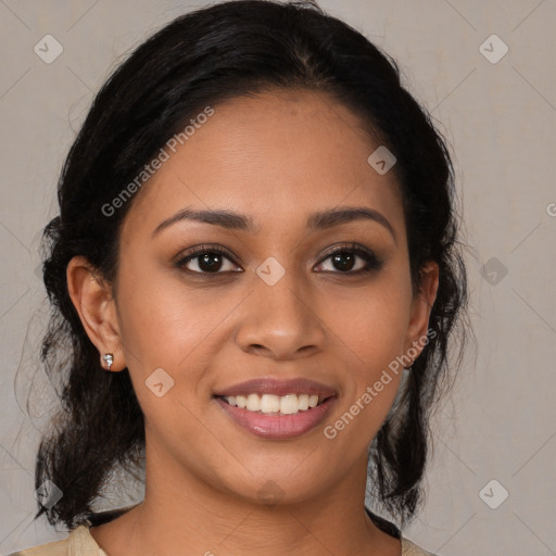 Joyful latino young-adult female with medium  brown hair and brown eyes