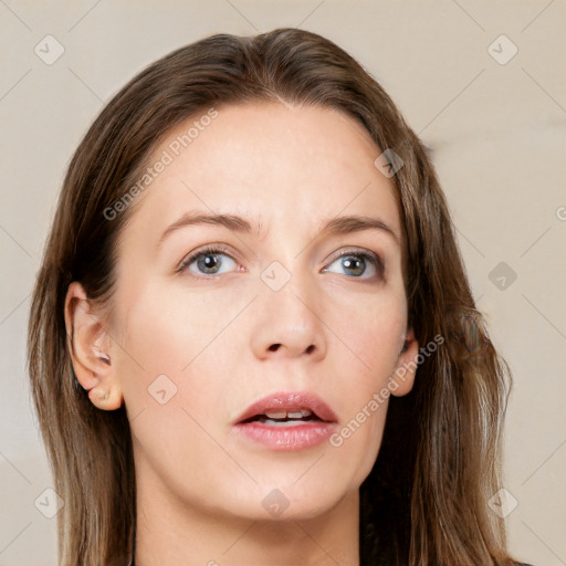 Neutral white young-adult female with long  brown hair and grey eyes