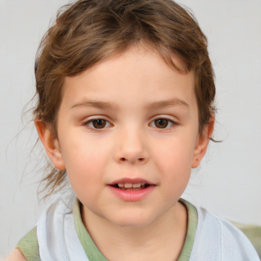 Joyful white child female with medium  brown hair and brown eyes