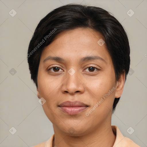 Joyful asian adult female with short  brown hair and brown eyes