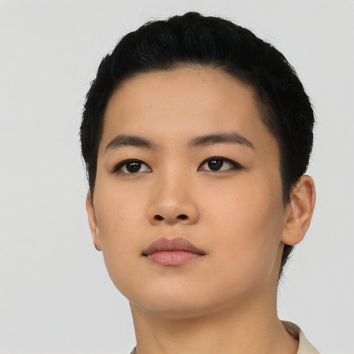 Neutral asian young-adult female with short  black hair and brown eyes