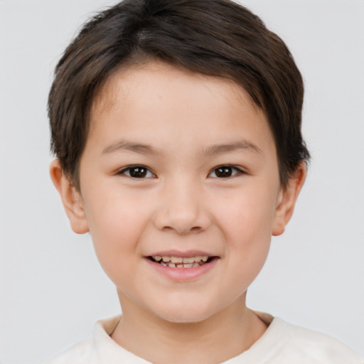 Joyful white child female with short  brown hair and brown eyes