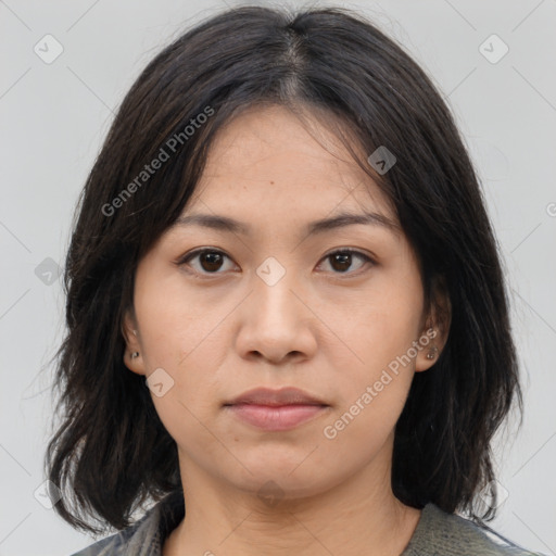 Neutral asian young-adult female with medium  brown hair and brown eyes