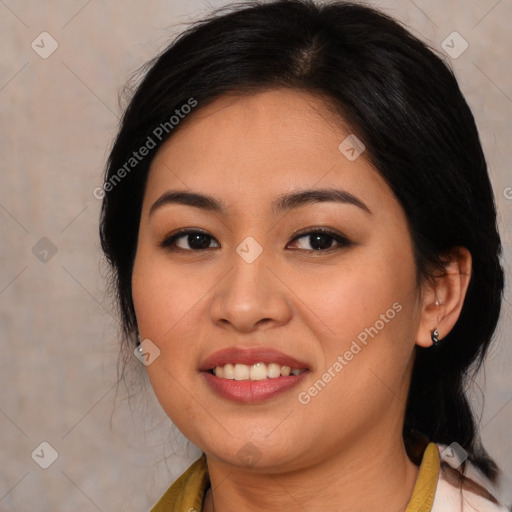 Joyful asian young-adult female with medium  brown hair and brown eyes