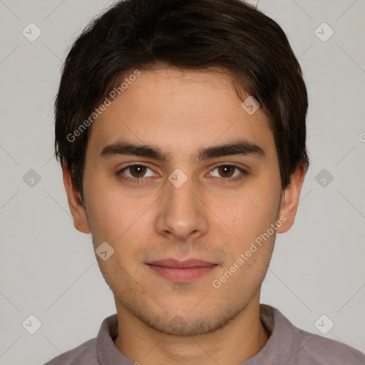 Neutral white young-adult male with short  brown hair and brown eyes