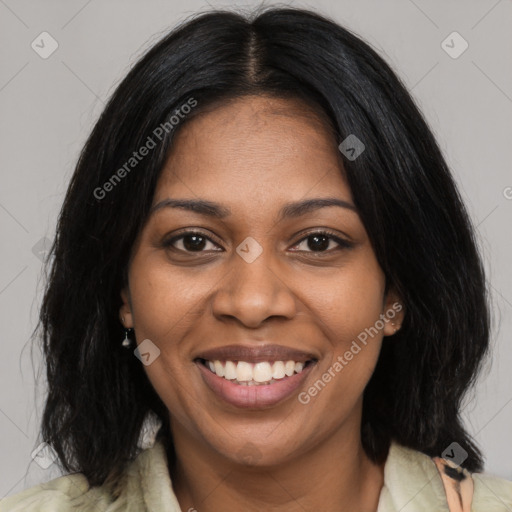 Joyful black young-adult female with medium  black hair and brown eyes