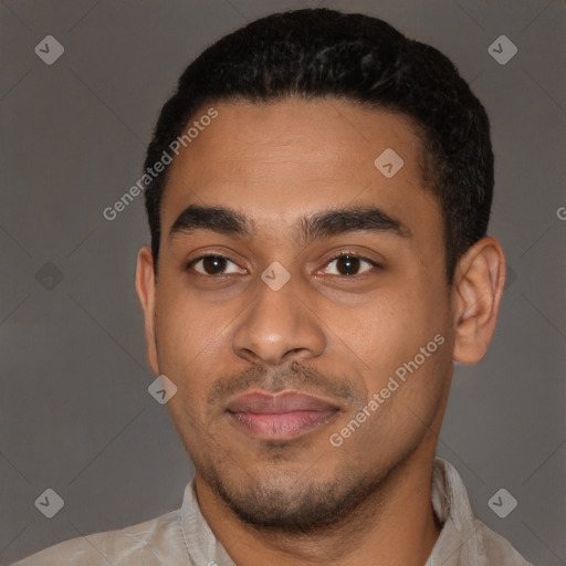 Neutral latino young-adult male with short  black hair and brown eyes