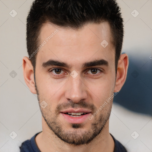 Neutral white young-adult male with short  brown hair and brown eyes