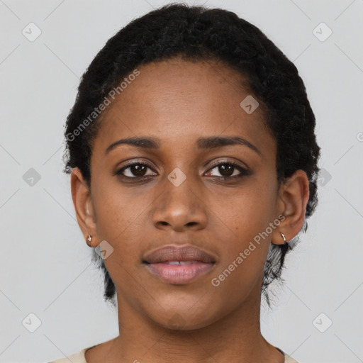 Neutral black young-adult female with short  black hair and brown eyes